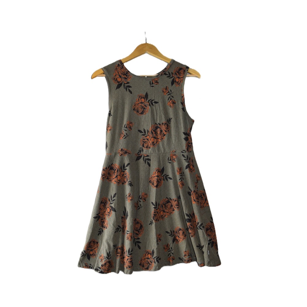 Vans Skater Dress Women XL Olive Green Floral Rose Sleeveless Back Zip Good